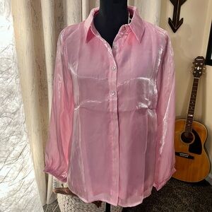 JODIFL Pink Sheer Lined Button Down Shirt